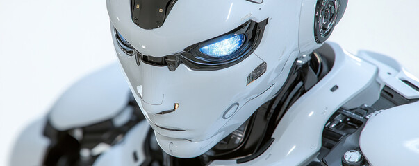 Poster - A robot with blue eyes and a white body. The robot is wearing a white helmet and has a blue face