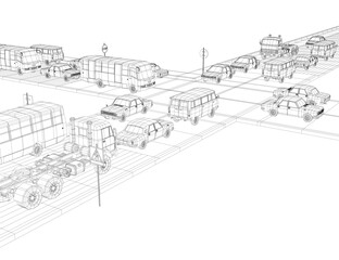 Poster - A drawing of a busy intersection with cars and buses. Scene is chaotic and busy. 3D