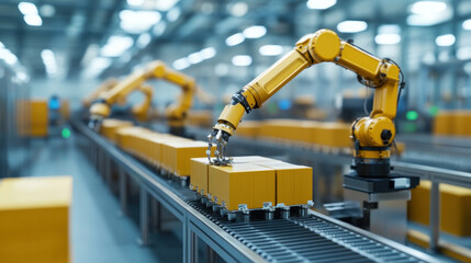 Poster - A robot is working on a conveyor belt with boxes. The robot is yellow and has a claw on its arm. The boxes are stacked on top of each other and are being sorted by the robot. The scene is industrial