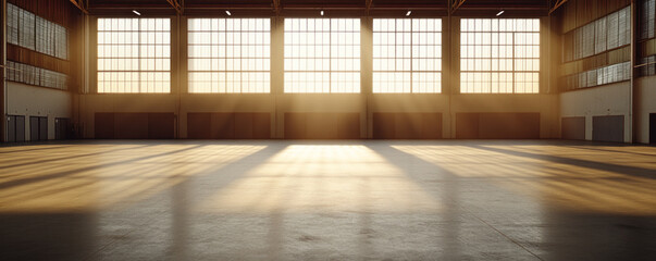 Poster - A large empty room with a lot of windows. The sun is shining through the windows, creating a bright and open atmosphere