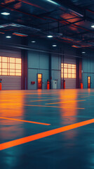 Poster - A large, empty warehouse with orange lines painted on the floor and walls. The orange lines create a sense of order and structure in the otherwise empty space. The warehouse appears to be a large