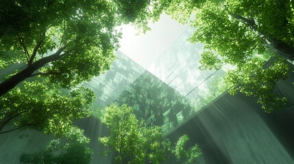 Wall Mural - futuristic eco courtyard with reflective glass walls and canopy of trees, immersive upward shot capt