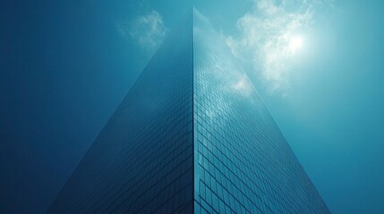 Poster - high-rise glass tower reflecting the sky on a sunny day, upward angle with sharp architectural focus