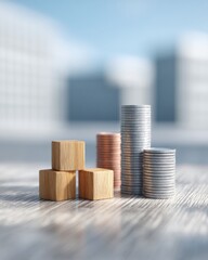 Aufkleber - Minimalist Financial Growth Visualization Wooden Blocks and Metallic Coins Symbolizing Strategic Wealth Management and Investment Scaling in Modern Corporate Landscape