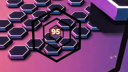 Poster - A row of hexagonal shapes with a purple background. The hexagons are black and blue