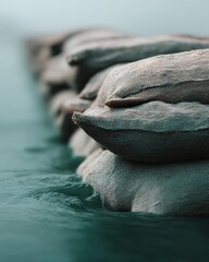 Poster - Climate Resilience Aesthetics Minimalist Sandbag Infrastructure Documenting Environmental Adaptation and Urban Flood Prevention Strategies in Muted Tones