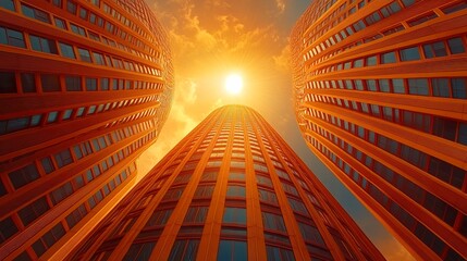 Poster - modern high-rise buildings shot from below with golden sunlight flaring between towers, dramatic fis