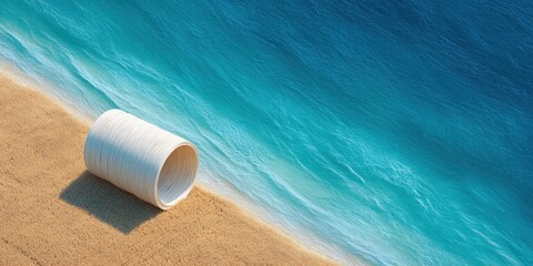 Poster - Sustainable Infrastructure Meets Coastal Minimalism Fiber Optic Cable Spool on Sandy Shore, Symbolizing Digital Connectivity and Environmental Resilience