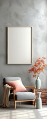 Poster - Minimalist Urban Sanctuary Mid-Century Modern Armchair with Soft Blush Accents in Contemporary Industrial Loft - Serene Workspace Design Inspiration