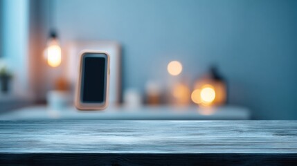 Leinwandbilder - Digital Wellness Minimalist Mockup Navy Woodgrain Product Display for Gen Z Tech Lifestyle - Soft Ambient Mood Branding Concept