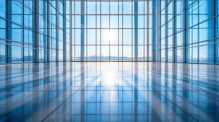 Aufkleber - Spacious building atrium with floor-to-ceiling glass and sunlit reflections, symmetrical composition shot at ground level, peaceful and clean design aesthetic 