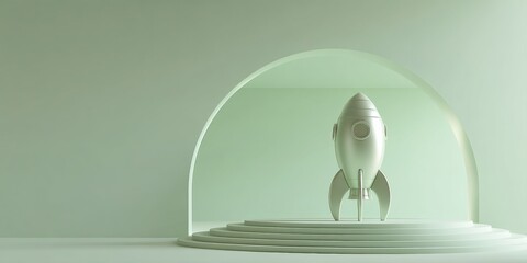 Poster - Retrofuturistic Minimalist Rocket Launch Soft Sage Product Visualization for Tech Innovation, Startup Branding and Creative Entrepreneurial Storytelling