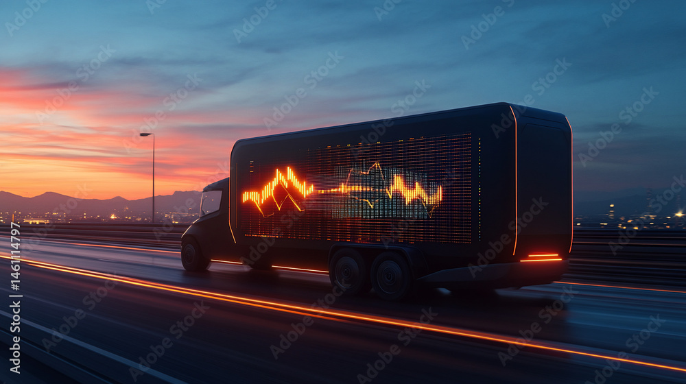 Futuristic electric truck on a highway at sunset. Dynamic display ...