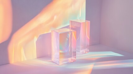 Poster - Two clear blocks sit in a corner, lit by rainbow light. Great for ads, backdrops, or adding texture to graphic designs.
