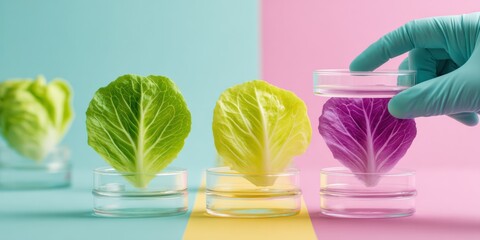 Poster - Vibrant Food Science Revolution Precision Agriculture and Genomic Research Visualizing Lettuce Diversity Through Minimalist Color-Block Laboratory Testing
