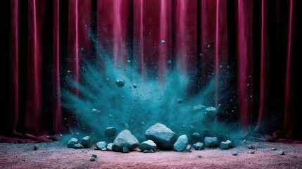 Fototapete - Cinematic Destruction Dynamics Explosive Teal Impact Performance with Dramatic Curtain Stage - Transformative Visual Metaphor for Creative Industry Disruption