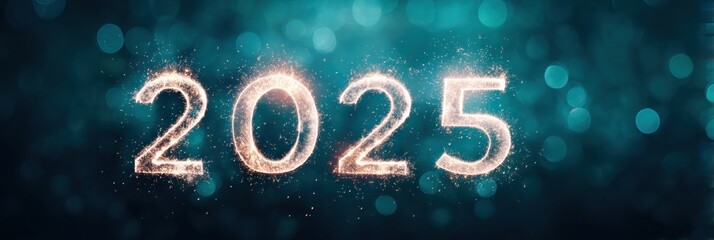 Aufkleber - Futuristic New Year 2025 Celebration Luminescent Sparkler Typography with Ethereal Teal Bokeh - Dynamic Event Marketing and Digital Transformation Imagery