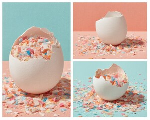 Aufkleber - Minimalist Easter Celebration Cracked Pastel Egg Explosion with Vibrant Confetti - Creative Seasonal Marketing Visual for Digital Content Creators