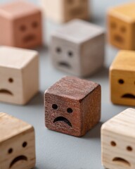 Fototapete - Sentiment Analysis Meets Playful Design Wooden Emotion Dice Visualizing Consumer Feedback Trends in UX Research and Market Insights