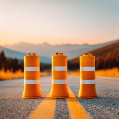 Poster - Minimalist Infrastructure Aesthetics Golden Hour Traffic Barriers Symbolizing Modern Urban Planning, Safety Design, and Mobility Transition