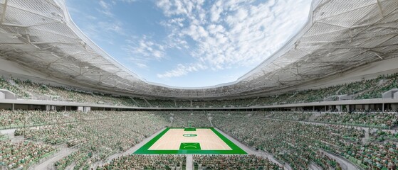 Poster - Immersive Sports Architecture Next-Gen Basketball Arena with Panoramic Design, Ultra-Modern Venue Showcasing Premium Fan Experience and Architectural Innovation