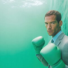 Poster - Minimalist Business Battle Teal Gradient Professional Boxer in Corporate Attire Symbolizing Competitive Strategy and Workplace Resilience