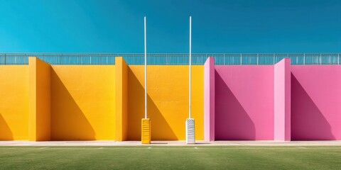 Leinwandbilder - Minimalist Stadium Architecture Vibrant Color-Block Design Reveals Geometric Rugby Venue Potential with Architectural Storytelling and Contemporary Sports Visualization
