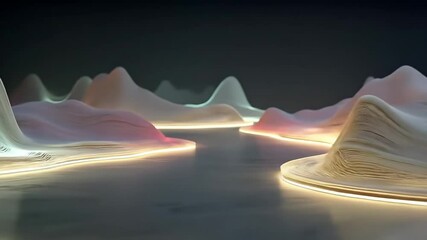 Poster - Abstract futuristic landscape with glowing horizon. Sci-fi terrain and colorful mountain ridges. Beautiful wavy surface for presentation background.