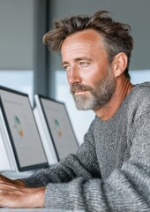 Leinwandbilder - Sustainable Tech Intelligence Mature Professional Analyzing Energy Efficiency Dashboards in Minimalist Urban Workspace - Next-Gen Performance Optimization