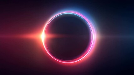 Poster - Glowing neon light circle with lens flare effect on dark blue background. Round frame with pink and blue illuminate ring for futuristic technology concept.