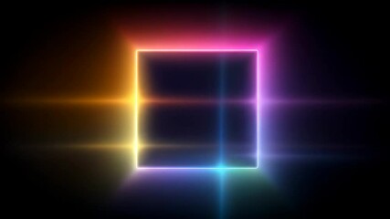Poster - colorful glowing neon square frame on dark background. geometric bright light for abstract illustrat