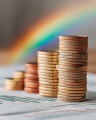 Fototapete - Prismatic Wealth Ascension Metallic Coin Stacks and Rainbow Growth - Innovative Financial Visualization for Next-Gen Investment Strategy and Economic Optimism