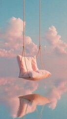 Poster - Dreamy Digital Wellness Escape Soft Pastel Hanging Chair in Serene Sky - Mindful Relaxation and Creative Digital Meditation Concept