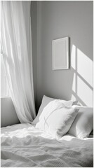 Poster - Minimalist Textile Art and Soft Light Contemporary Punch Needle Wall Decor Transforming Serene Bedroom Spaces with Handcrafted Wellness Aesthetic