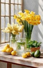 Poster - Seasonal Wellness Narrative Soft Spring Farmhouse Kitchen Tableau with Sunshine Daffodils, Fresh Produce and Natural Light - Mindful Living Content Creation