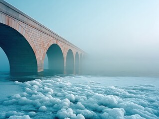 Aufkleber - Climate Resilience Meets Heritage Minimalist Stone Bridge Architectural Landscape in Ethereal Misty Blue - Sustainable Infrastructure and Environmental Design