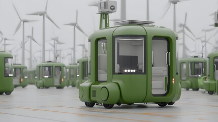 Poster - Against a backdrop of renewable energy infrastructure, electric vehicles designed for green logistics stand ready for deployment. The scene emphasizes the integration of sustainable transportation