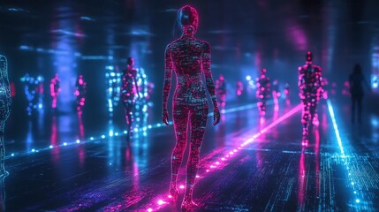Poster - Cybernetic humanoids navigate a luminous digital landscape, traversing vibrant corridors