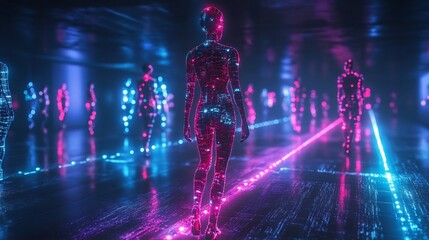 Poster - Neon Genesis: Illuminated figures traverse a futuristic, vibrant digital pathway