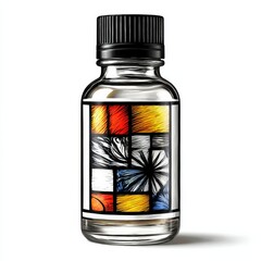 Poster - Clear Glass Bottle with Abstract Colorful Art, Modern Design, and Black Cap on a Plain White Background.