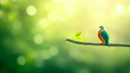 Poster - Common kingfisher perching on a slender branch with fresh green leaves, basking in sunlight filtering through lush forest foliage