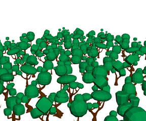Poster - A forest of trees is shown in a 3D rendering, with each tree appearing to be a different size and shape. The trees are all green and are scattered throughout the scene, creating a sense of depth