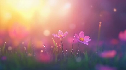 Poster - Two delicate pink cosmos flowers covered in sparkling dew drops bloom in a vibrant meadow, bathed in the warm, magical glow of a colorful sunset, creating a serene and enchanting natural scene