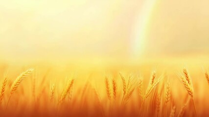 Poster - Shimmering golden wheat ears gleaming beneath vibrant rainbow stretching across summer sunset sky, highlighting serene agricultural landscape with warm, luminous atmosphere