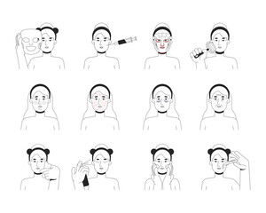 Fototapete - Skincare routine and skin problems outline illustrations set. Cosmetic applying, gua sha, microneedling, acne. Caucasian woman 2D line character isolated on white. Vector ink linear images collection