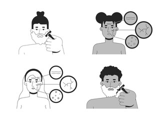 Fototapete - Face skin problems and shaving routine outline illustrations set. Beard grooming, skincare dermatology. Diverse women, men 2D line characters isolated on white. Vector ink linear images collection