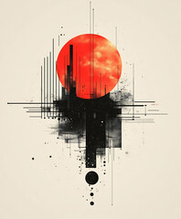 Poster - Abstract geometric art composition with red sun black shapes and lines for creative designs