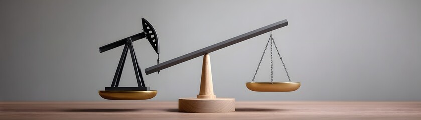 Poster - A set of scales tips heavily towards one side with traditional energy sources like oil and gas, while the other side holds renewable resources like wind and solar energy. The background remains