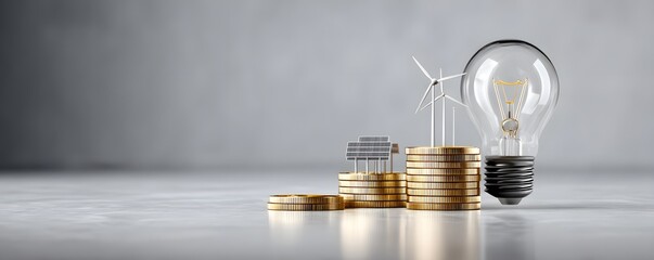 Poster - In a minimalist setting, a light bulb glows brightly with a price tag attached, symbolizing the rise in energy prices. Nearby, icons of wind turbines and solar panels suggest a shift towards