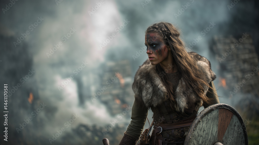 Viking woman with war paint on her face, walking on a battlefield ...